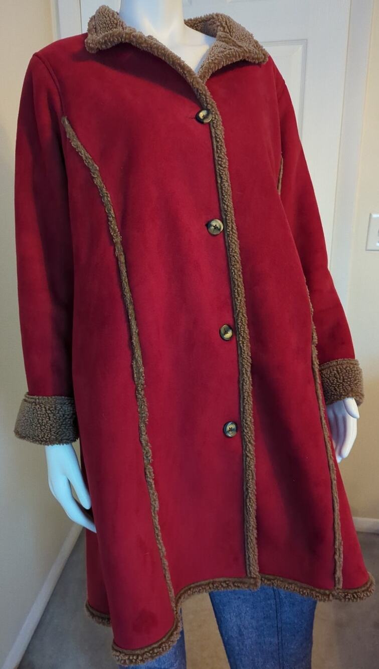 L.L.BEAN Red Brown Vegan Suede Sherpa Lined Knee Length Coat women size M OBCT8